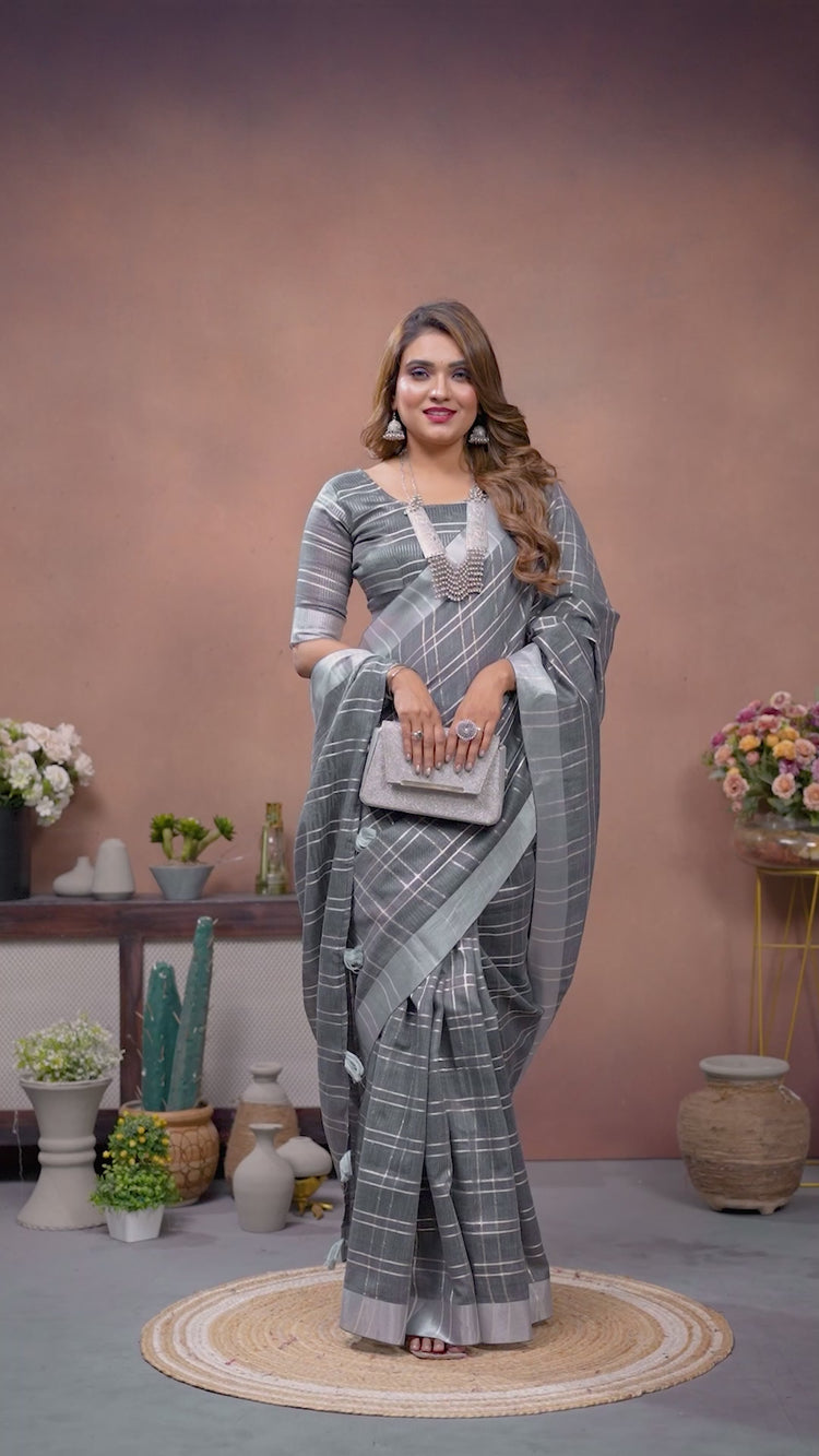Gray Ached Weaving Soft Linen Saree