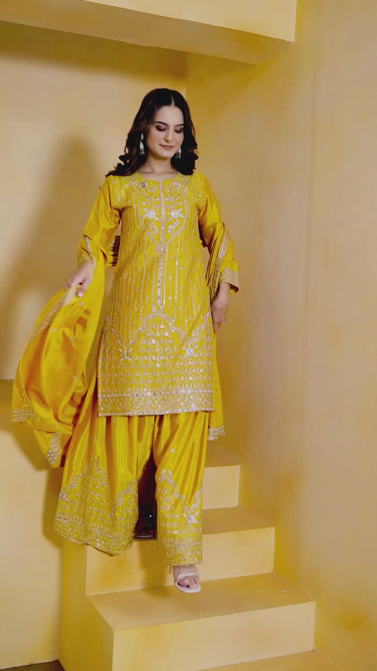 Yellow Sequins Embroidery Work Natural Crep Suit