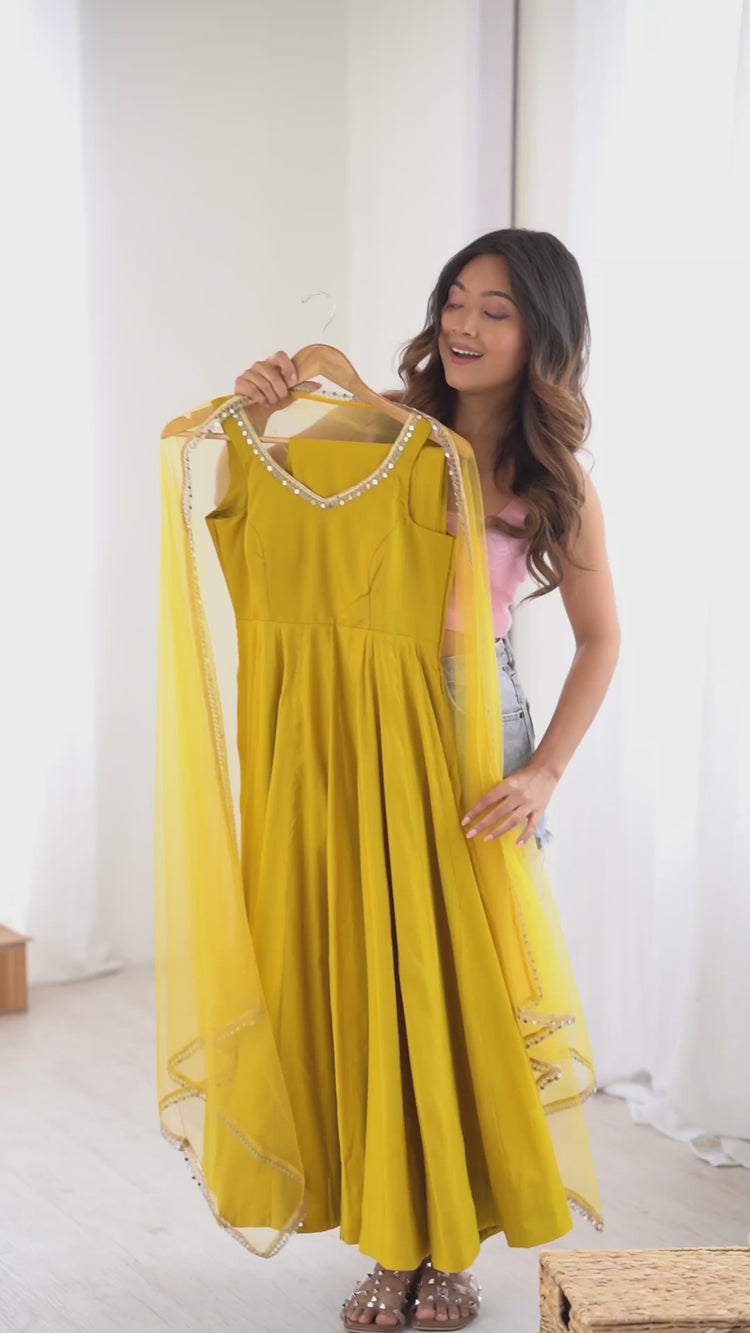 Mustard yellow mirror-work Chanderi Anarkali – Kalyanja.