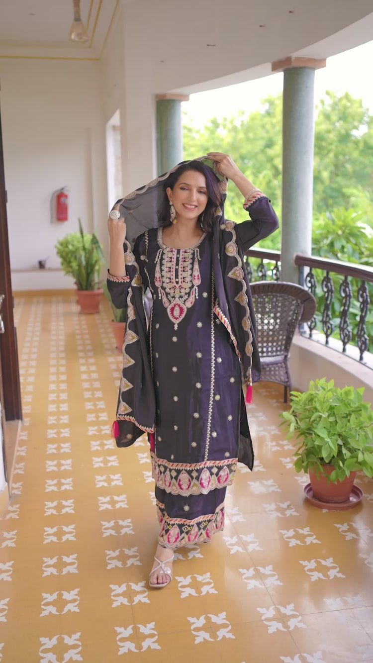 Black Embroidery Sequin Work Chinon Silk Suit