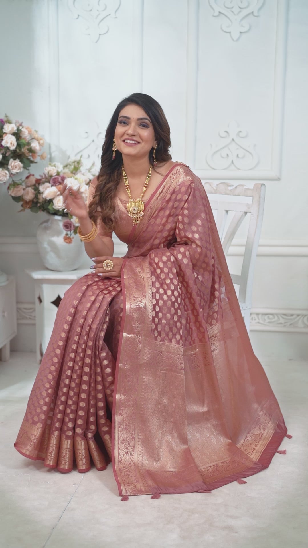 Soft Pink Gold Zari Weaving Soft Organza Banarasi Silk Saree