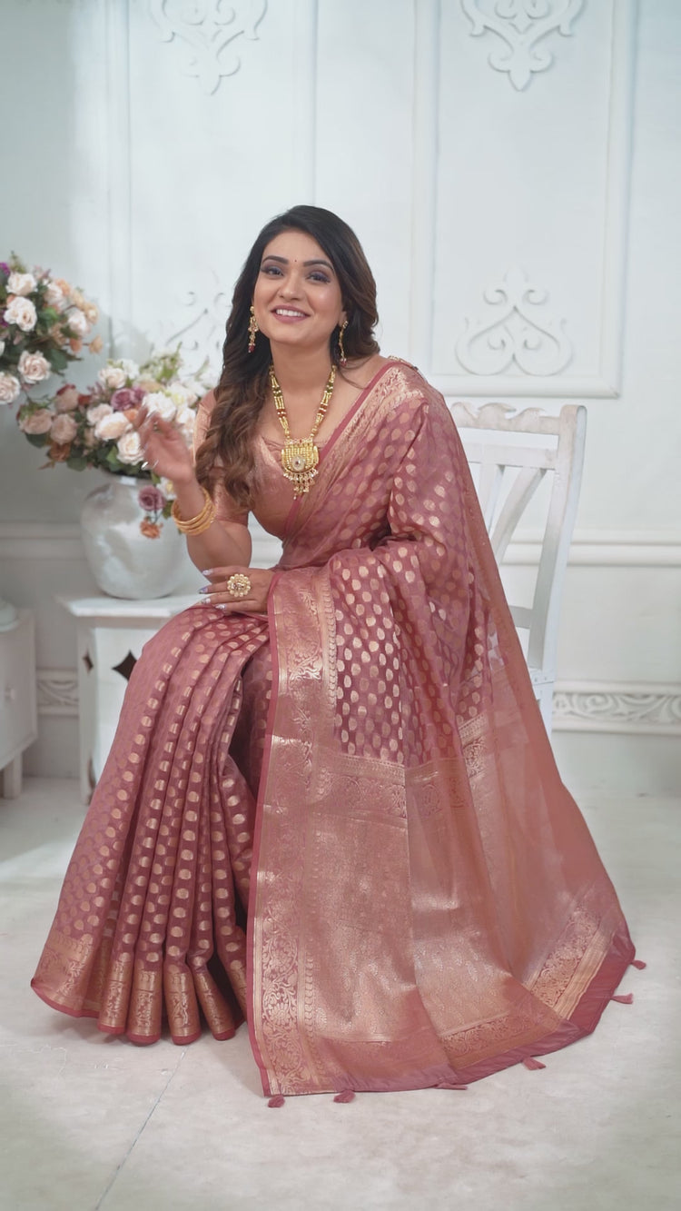 Soft Pink Gold Zari Weaving Soft Organza Banarasi Silk Saree – Kalyanja
