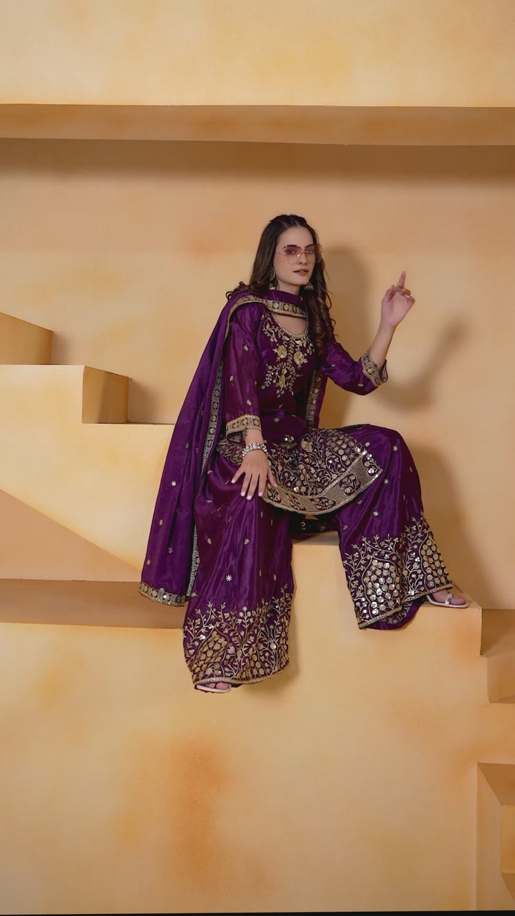 Wine Sequins Embroidery Work Chinon Suit