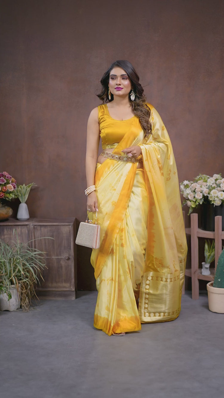 Yellow Sibori Work Soft Satin Silk Saree - kalyanja