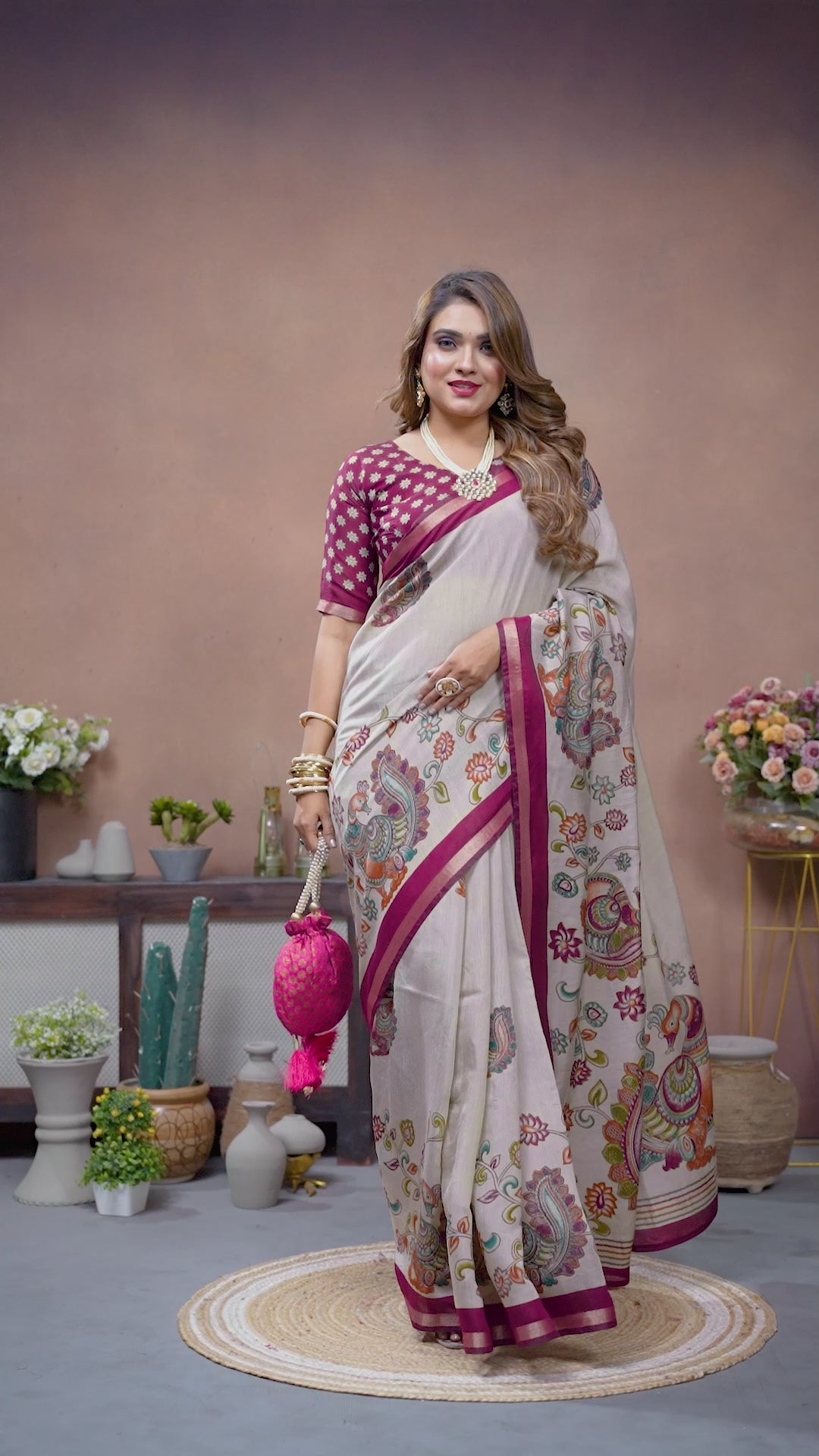 Dark Maroon & Beige Kalamkari Print Mul Cotton Saree