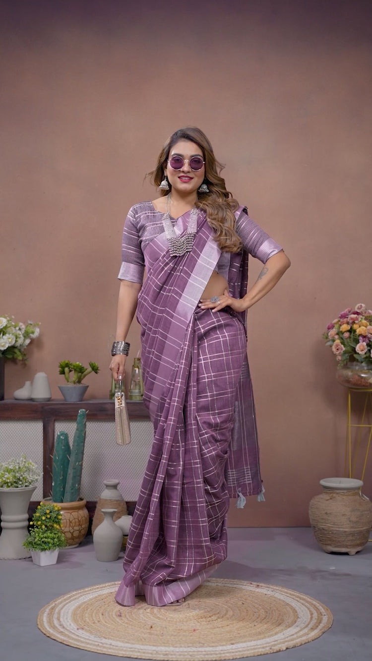 Purple Ached Weaving Soft Linen Saree