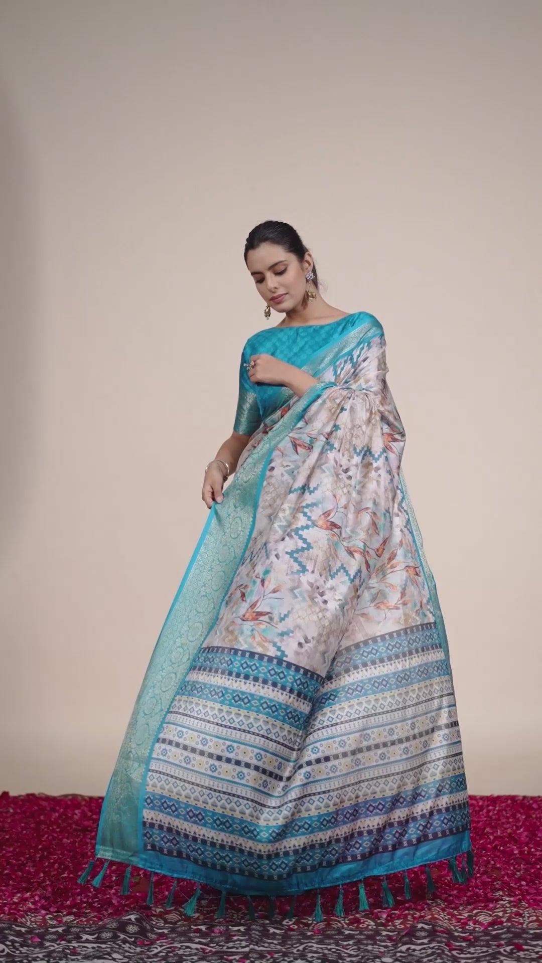 Beige Digital Print with Zari Woven Border Soft Lichi Silk Saree – Kalyanja
