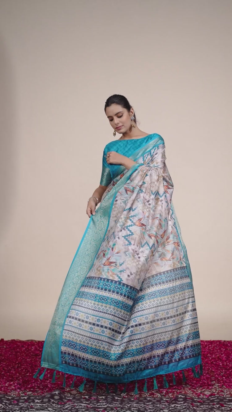 Beige Digital Print with Zari Woven Border Soft Lichi Silk Saree – Kalyanja
