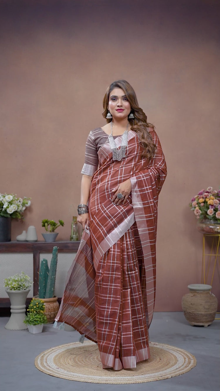 Brown Ached Weaving Soft Linen Saree