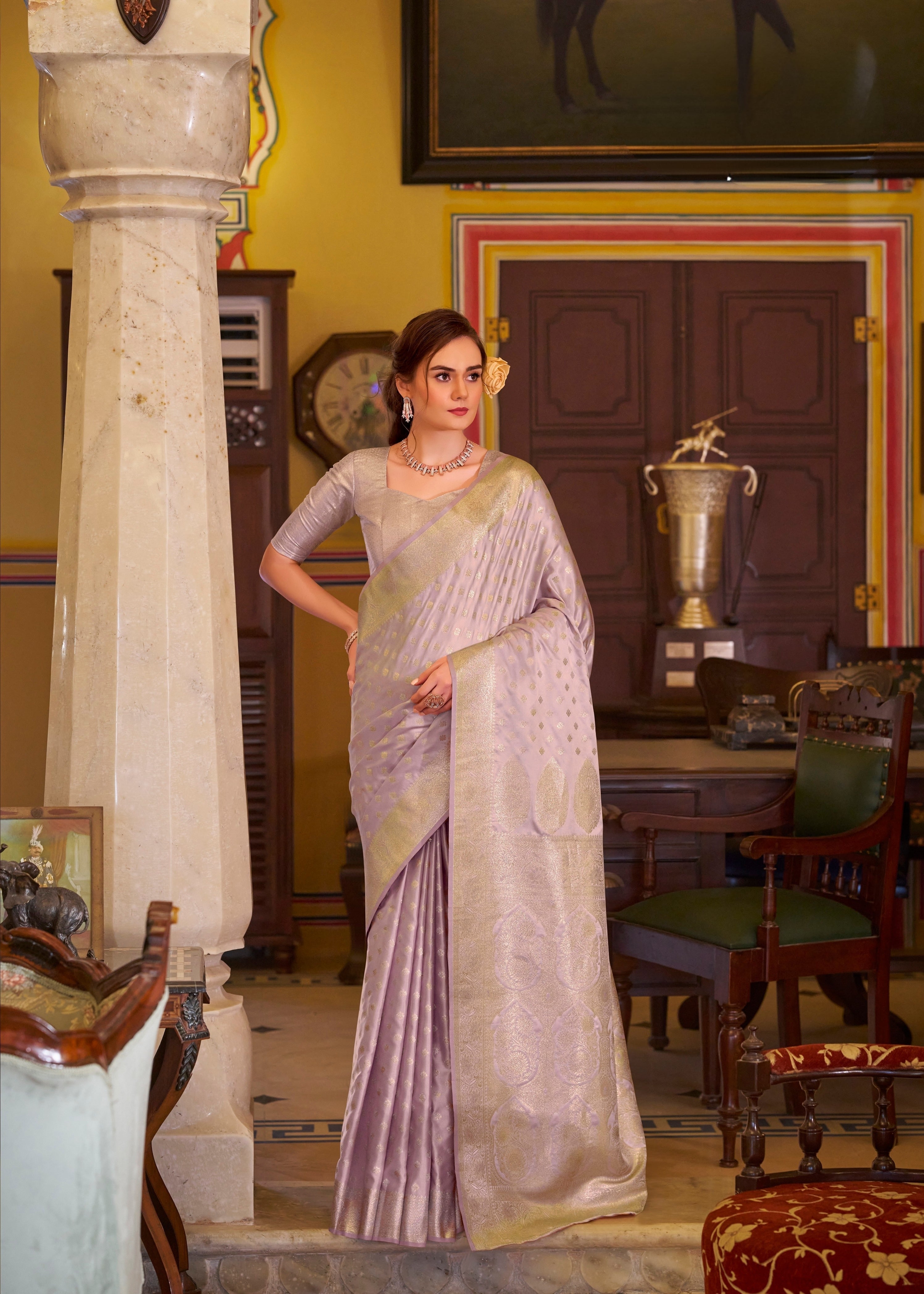 Gray Embroidery Work Satin Banarasi Silk Saree 