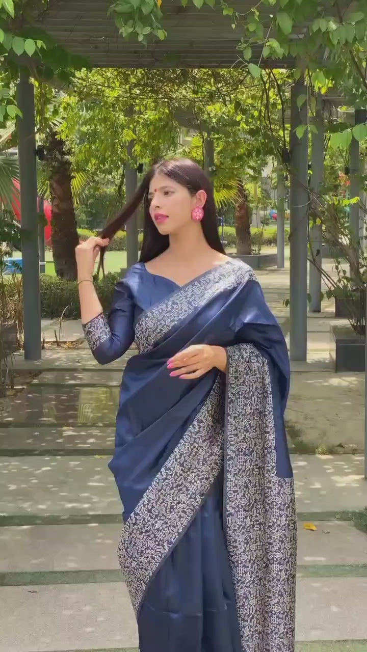 Navy Blue Warli Weaving Soft Banglori Raw Silk Saree - kalyanja