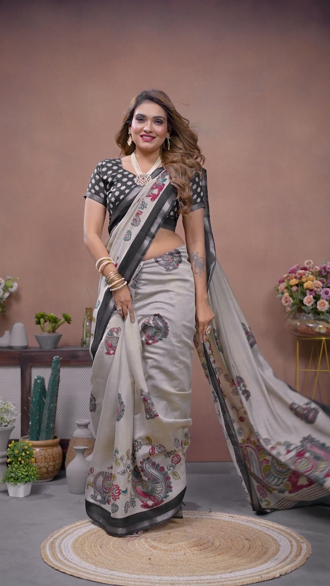 Black & Beige Kalamkari Print Mul Cotton Saree