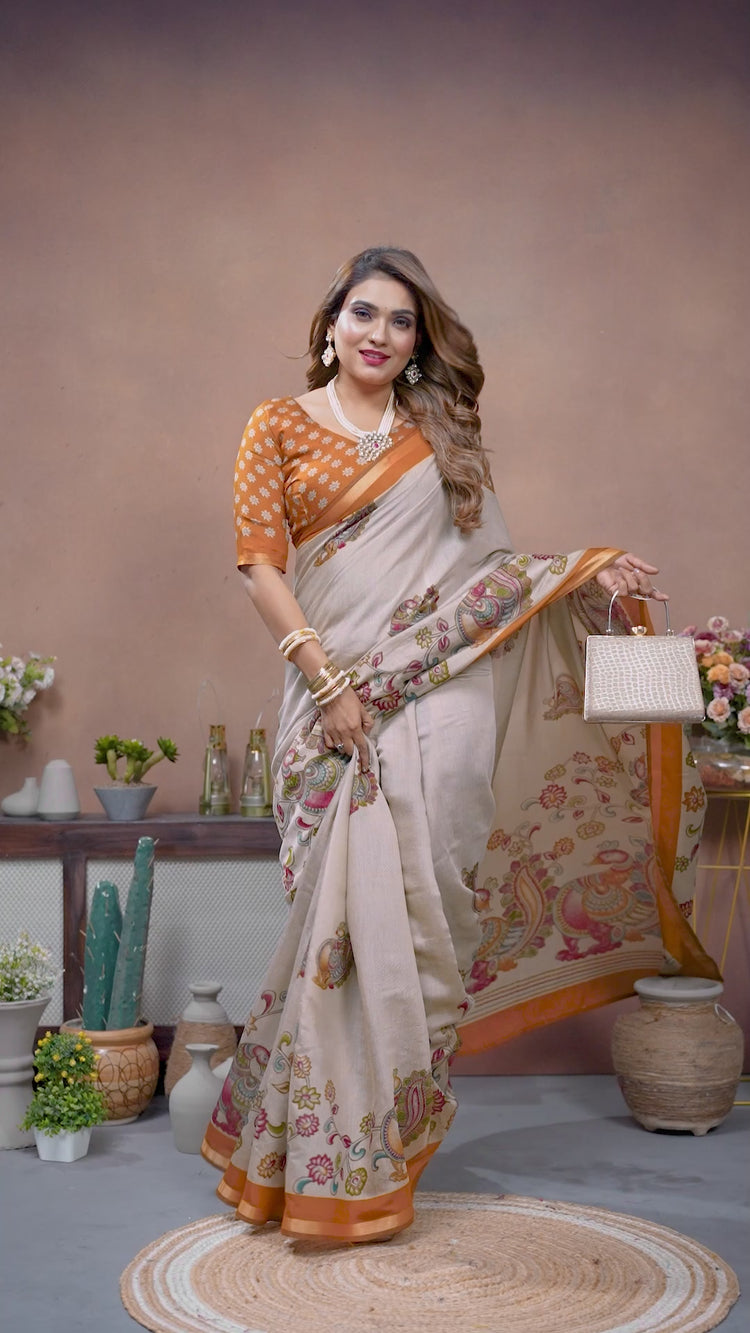 Beige & Mustard Yellow Kalamkari Print Mul Cotton Saree