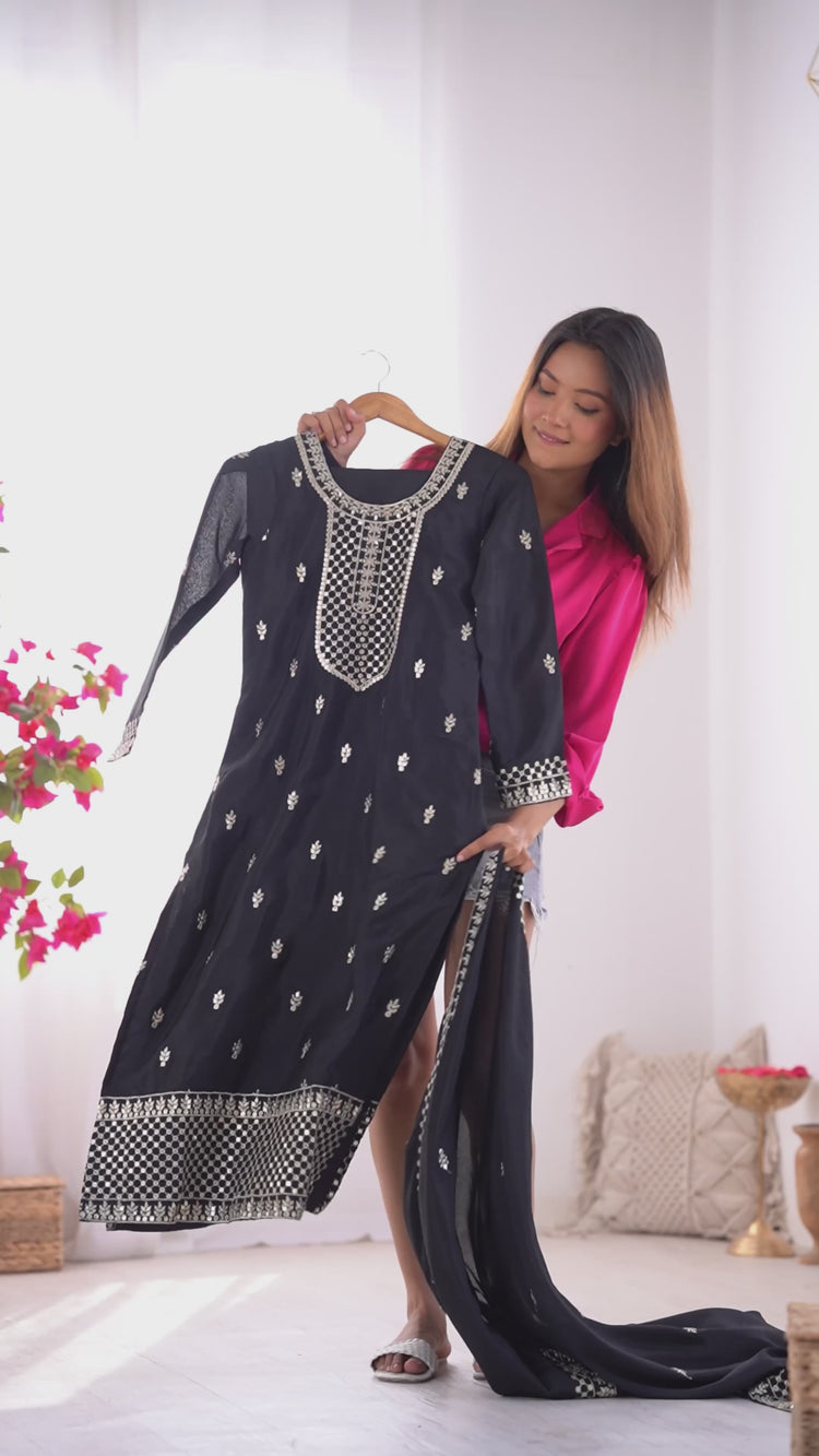 Black Zari Embroidery & Sequin Chinon Silk Suit