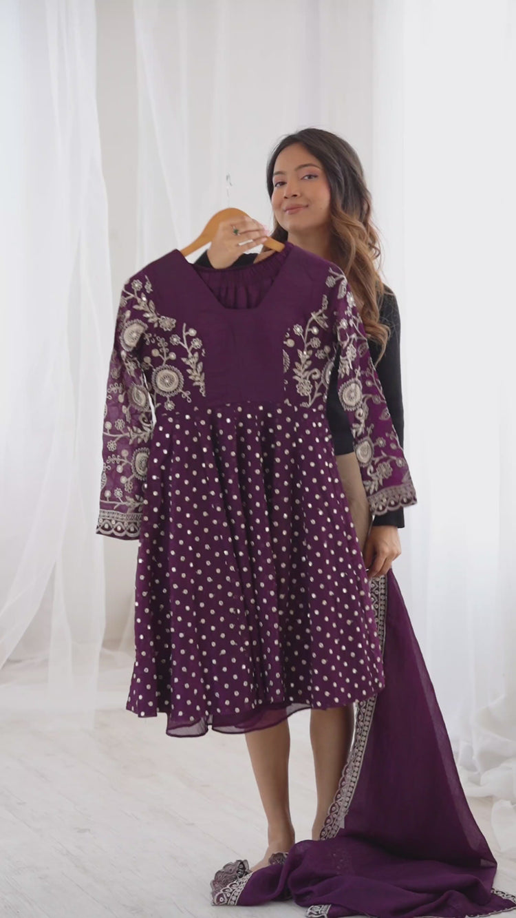 Wine Embroidery Sequin Work Crunchy Silk Suit