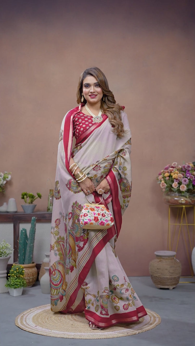 Maroon & Beige Kalamkari Print Mul Cotton Saree