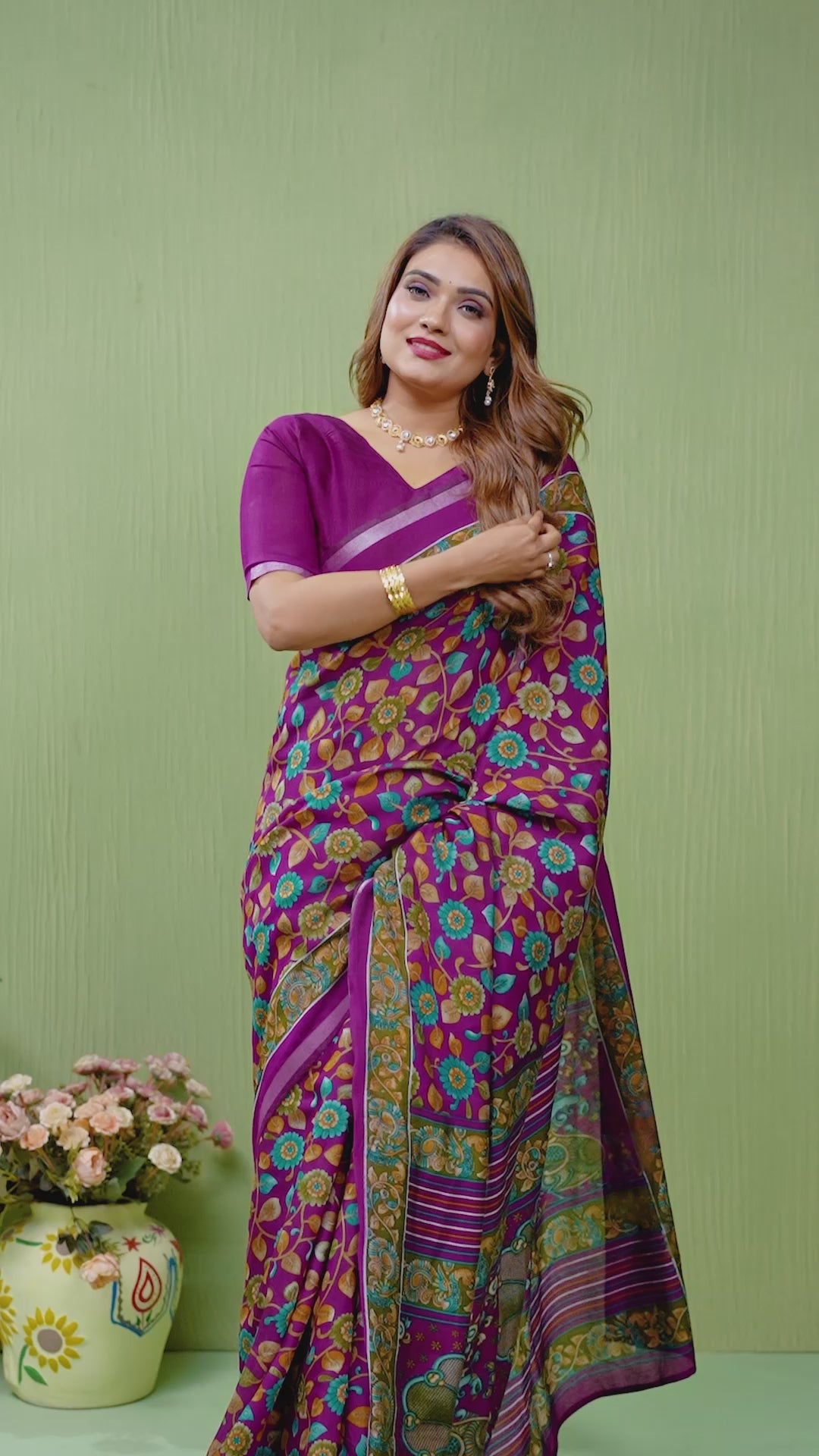 Magenta Kalamkari Print Mul Cotton Saree
