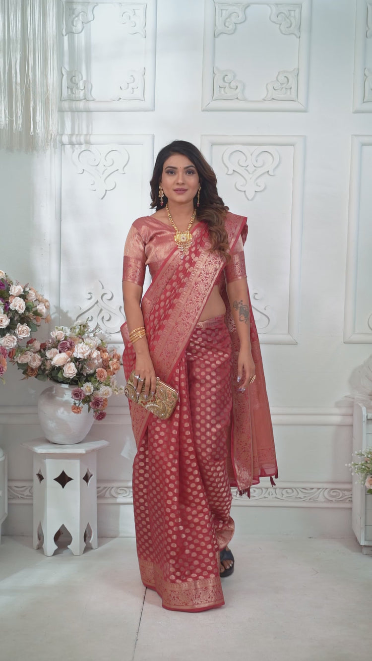 Woman wearing a red saree with a white pattern against a white background