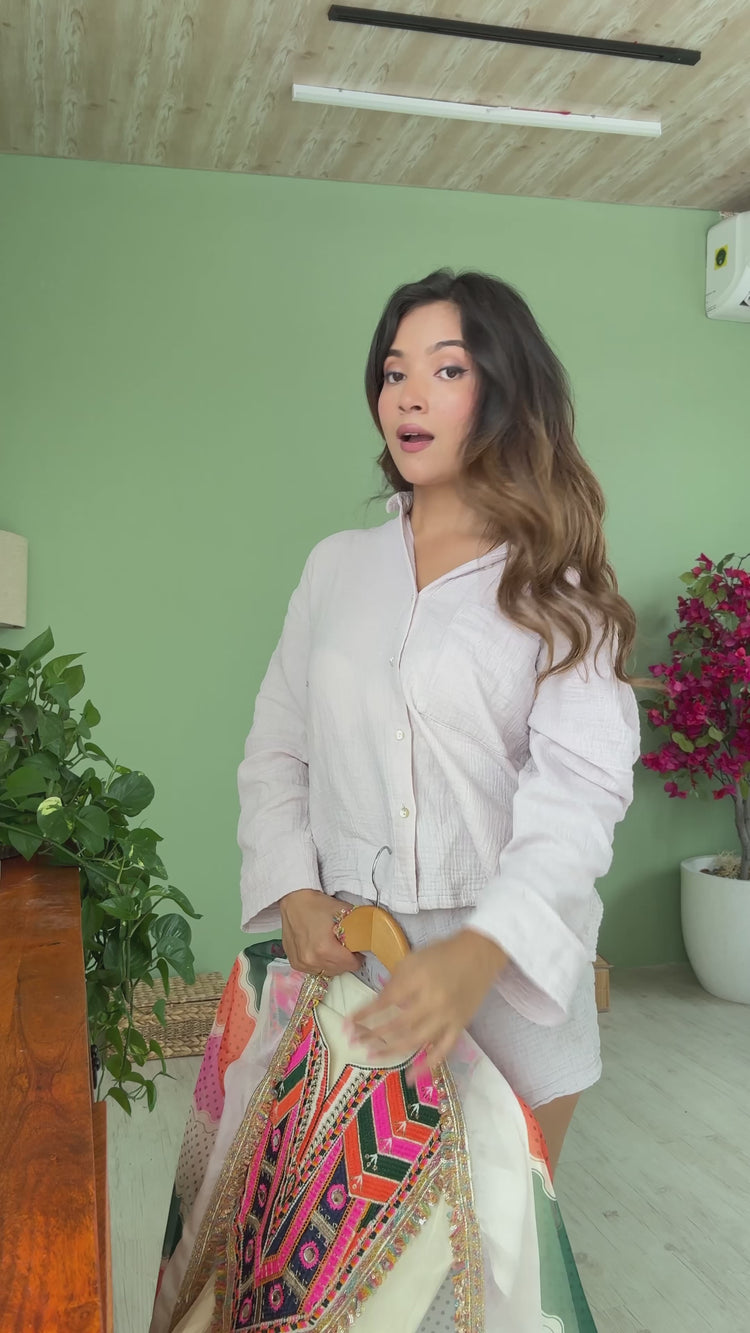 Off White Embroidery Sequins & Mirror Work Khadi Cotton Suit