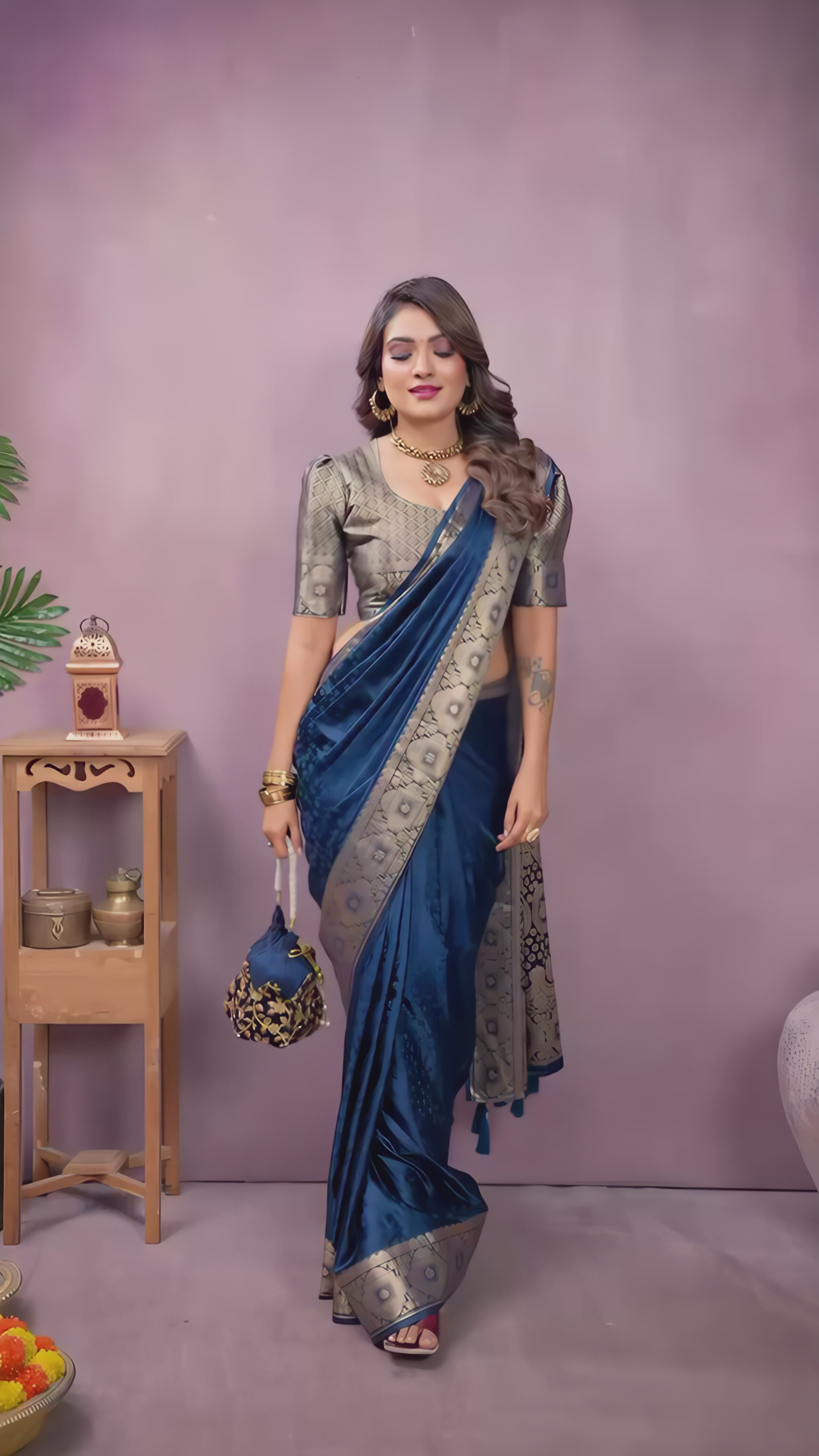 navy-blue-banarasi-silk-saree-golden-border-pottery-studio