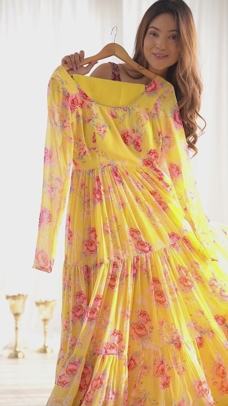 Yellow Floral Printed Fox Georgette Suit