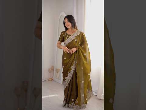Olive Green Zari Embroidered Saree – Hotfix Border Work