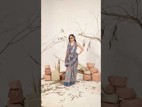 Navy Blue Aztec Digital Print Linen Cotton Saree – Geometric Festive Wear