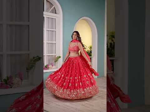 Red Chinon Lehenga