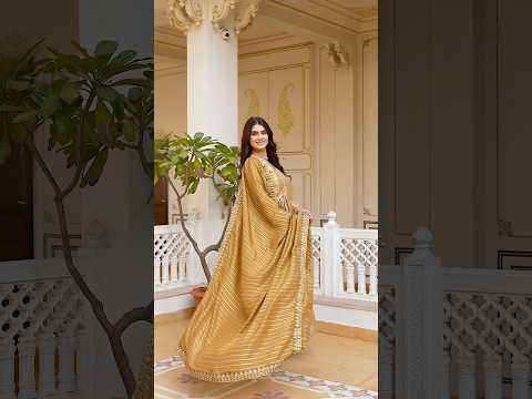 Beige Sequins Embroidered Anarkali Suit – V-Neck, Striped Dupatta