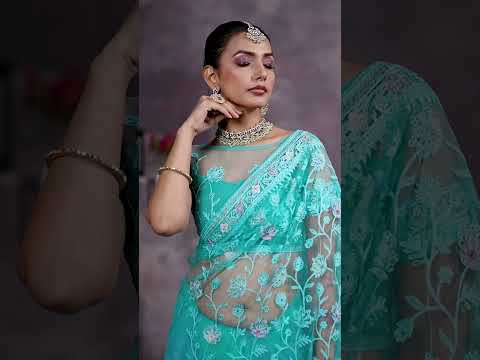 Aqua Blue Embroidered Saree – Butterfly Net, Party Wear