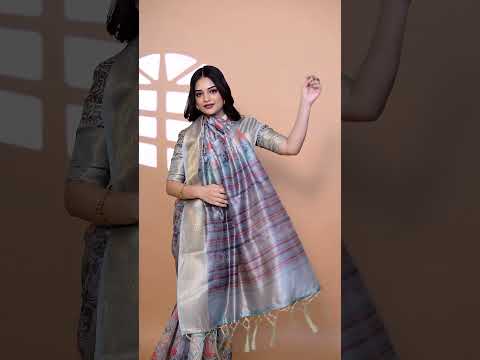 Gray Zari Weaving Saree – Premium Crystal with Tropical Floral Print
