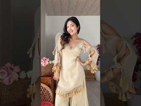 Beige Mirror Work Suit – Cold Shoulder Bell Sleeves, Palazzo & Dupatta