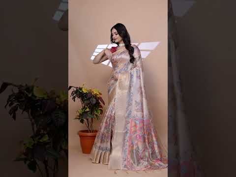 Beige Zari Weaving Saree – Premium Crystal, Kalamkari Print