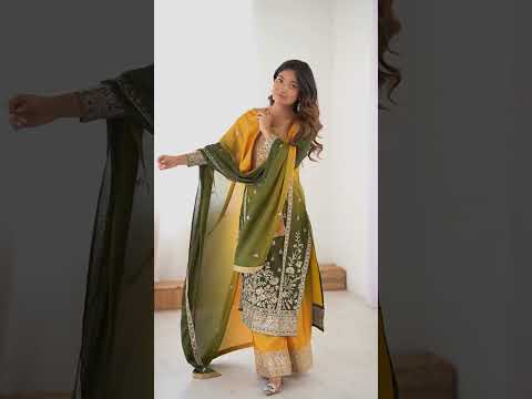 Olive green Shaded Chinon Silk Suit