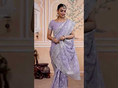 Lavender Zari Thread Embroidered Saree – Gold Crunchy, Party Wear