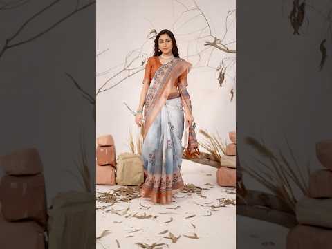 Sky Blue Digital Floral Print Saree – Linen Cotton, Contrast Border, Ethnic Festive Wear