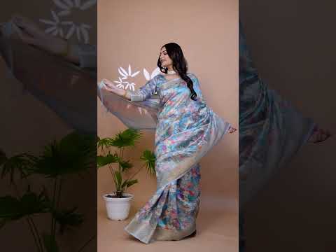 Powder Blue Zari Weaving Saree – Premium Crystal, Floral Print