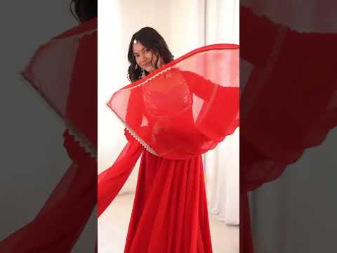 Red Sequins Embroidered Suit – Anarkali with Pant & Dupatta