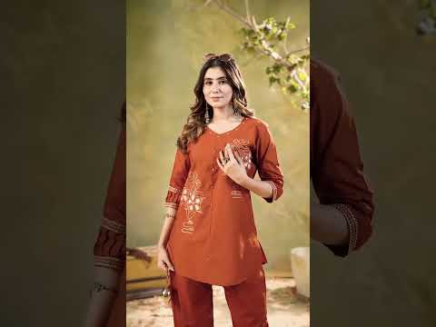 Orange Multi Thread Embroidered Coord Set – Cotton Blend Regular Top Straight Pants
