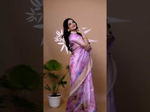 Pink Zari Weaving Saree – Premium Crystal with Watercolor Floral Print