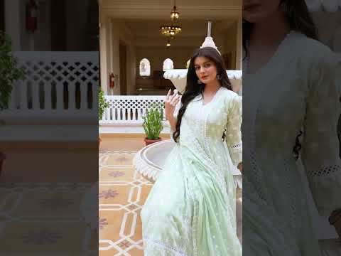 Mint Green Lakhnowi Work Suit – Mul Cotton Blend, V-Neck, 3/4th Sleeves