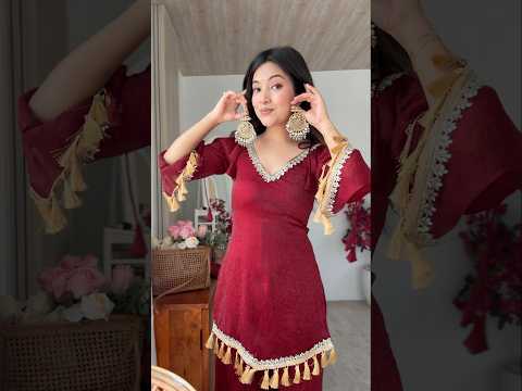 Maroon Mirror Work Suit – Cold Shoulder Bell Sleeves, Palazzo & Dupatta