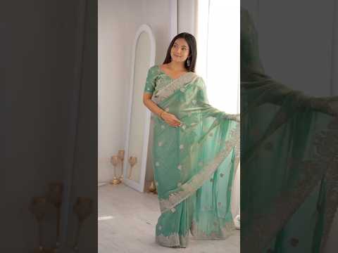 Sky Blue Zari Embroidered Saree – Hotfix Work, Party Wear