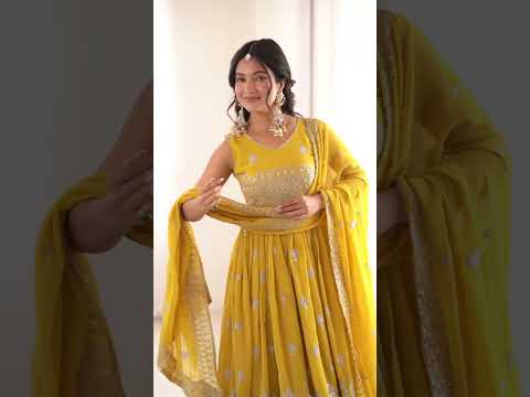 Yellow Sequins Embroidered Suit – Faux Georgette, V-Neck, Sleeveless
