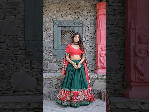 Green Floral Print Lehenga – Tussar Silk Blend, Foil Work, Navratri & Festive Wear