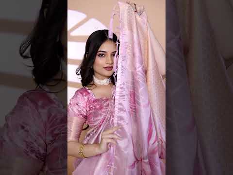 Pink Zari Weaving Saree – Crystal Fabric, Floral Leaf Print