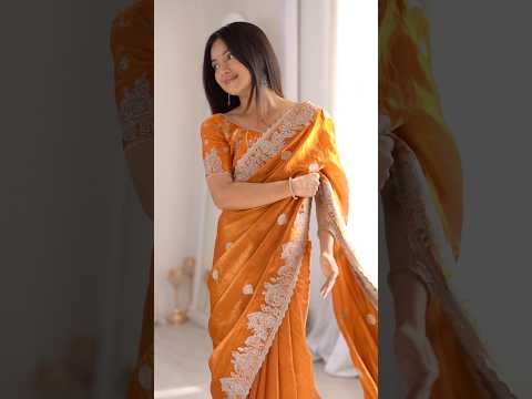 Orange Zari Embroidered Saree – Hotfix Border Work