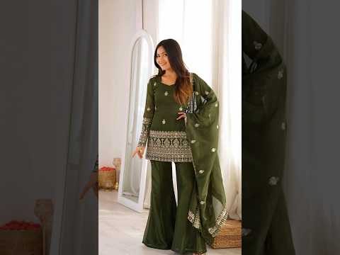 Olive Green Sequins Embroidered Zari Work Suit – Crunchy Silk Blend, Bell Bottom, Festive Wear