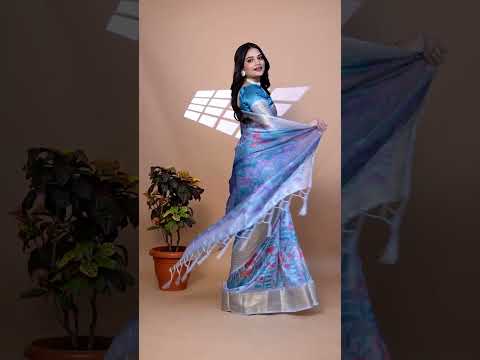 Blue Gray Zari Weaving Saree – Premium Crystal with Multicolor Print