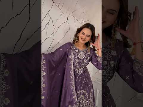 Lavender Sequins Embroidered Suit – Chinon, Round Neck, Full Sleeves